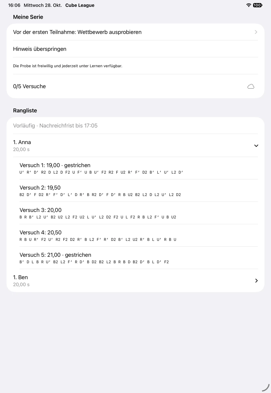 Wettbewerbswertung einer privaten Liga mit Beispielergebnissen (iPad)