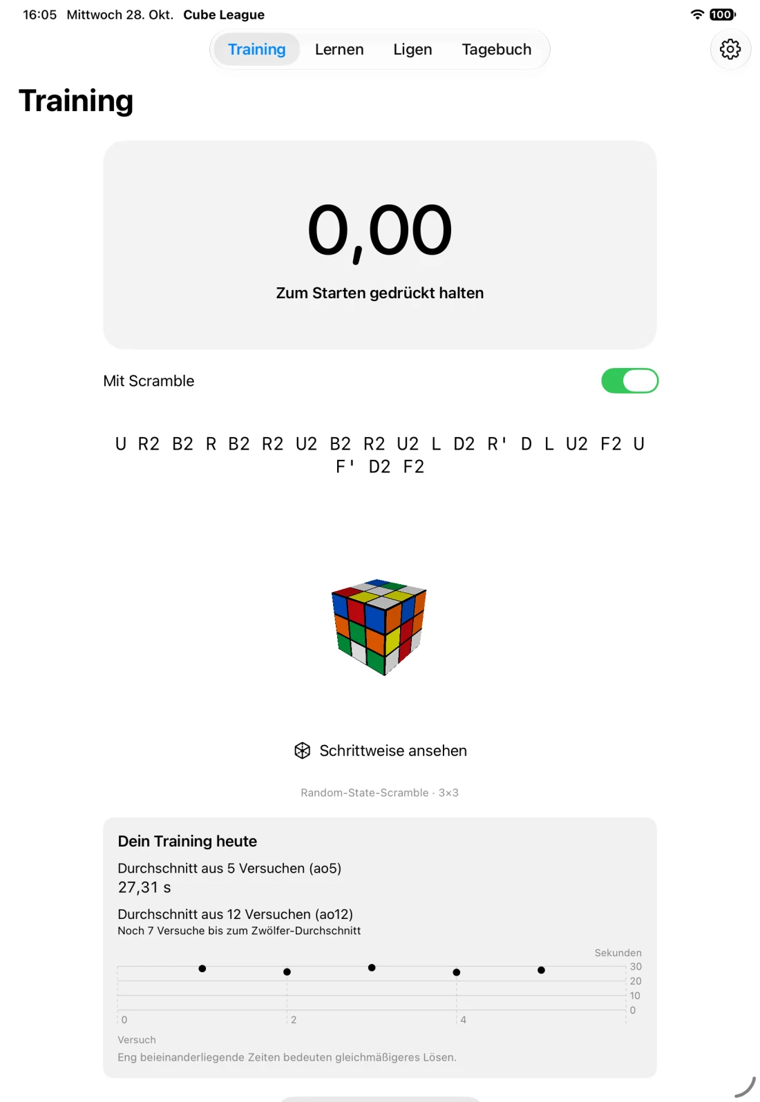 Trainingsansicht mit Timer und Scramble (iPad)