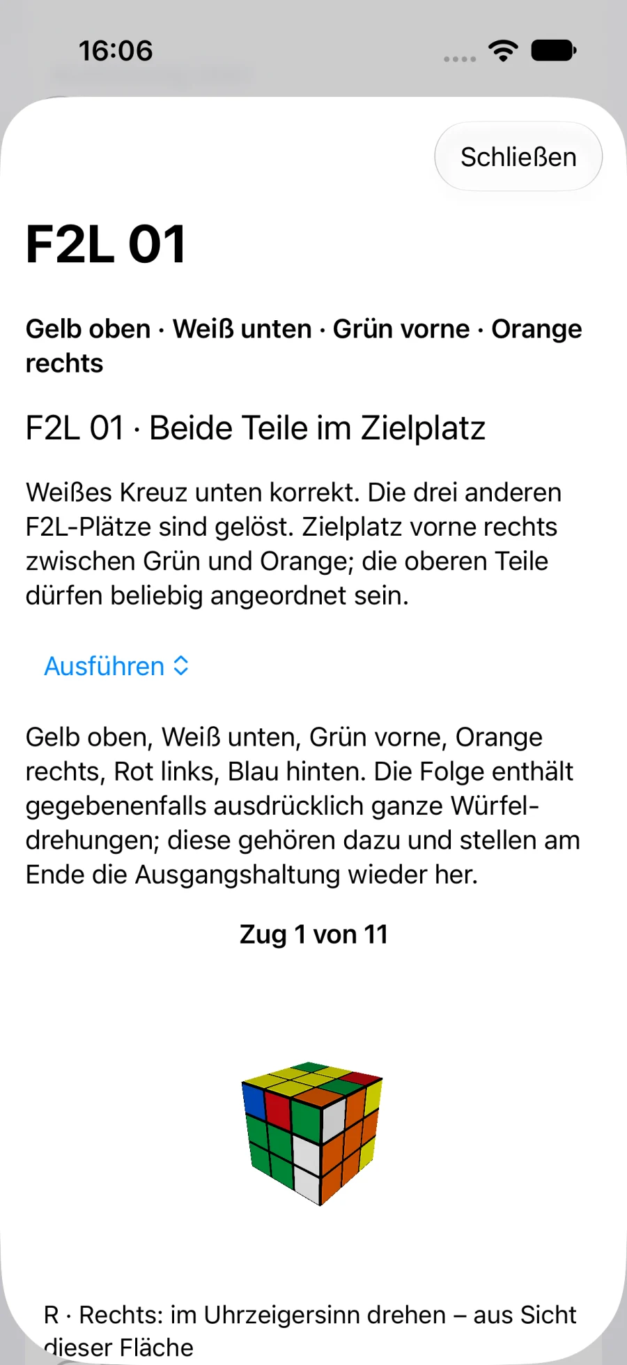 CFOP-Fall mit schrittweiser Zugdarstellung (iPhone)