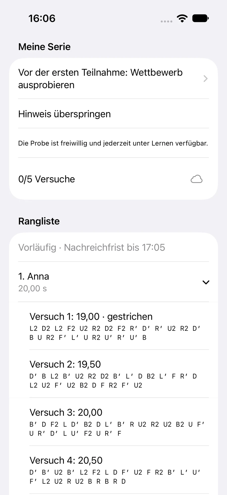 Wettbewerbswertung einer privaten Liga mit Beispielergebnissen (iPhone)