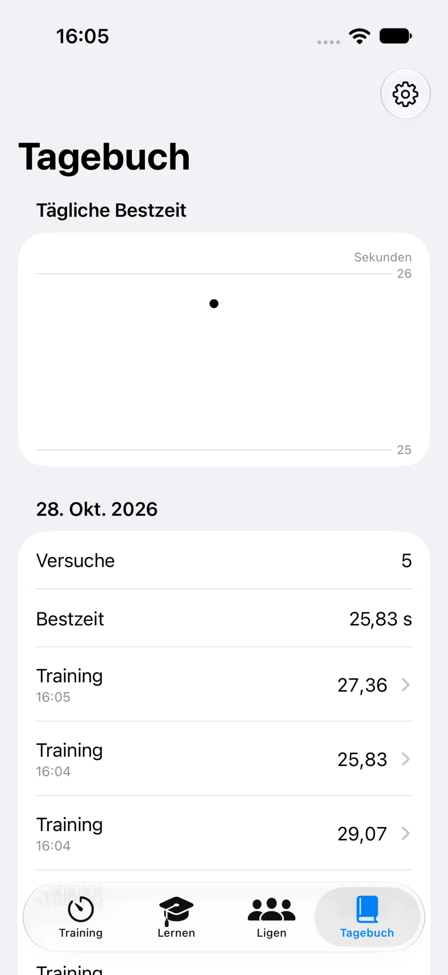 Tagebuch mit gespeicherten Trainingsversuchen (iPhone)