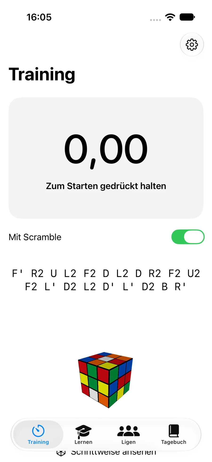 Trainingsansicht mit Timer und Scramble (iPhone)