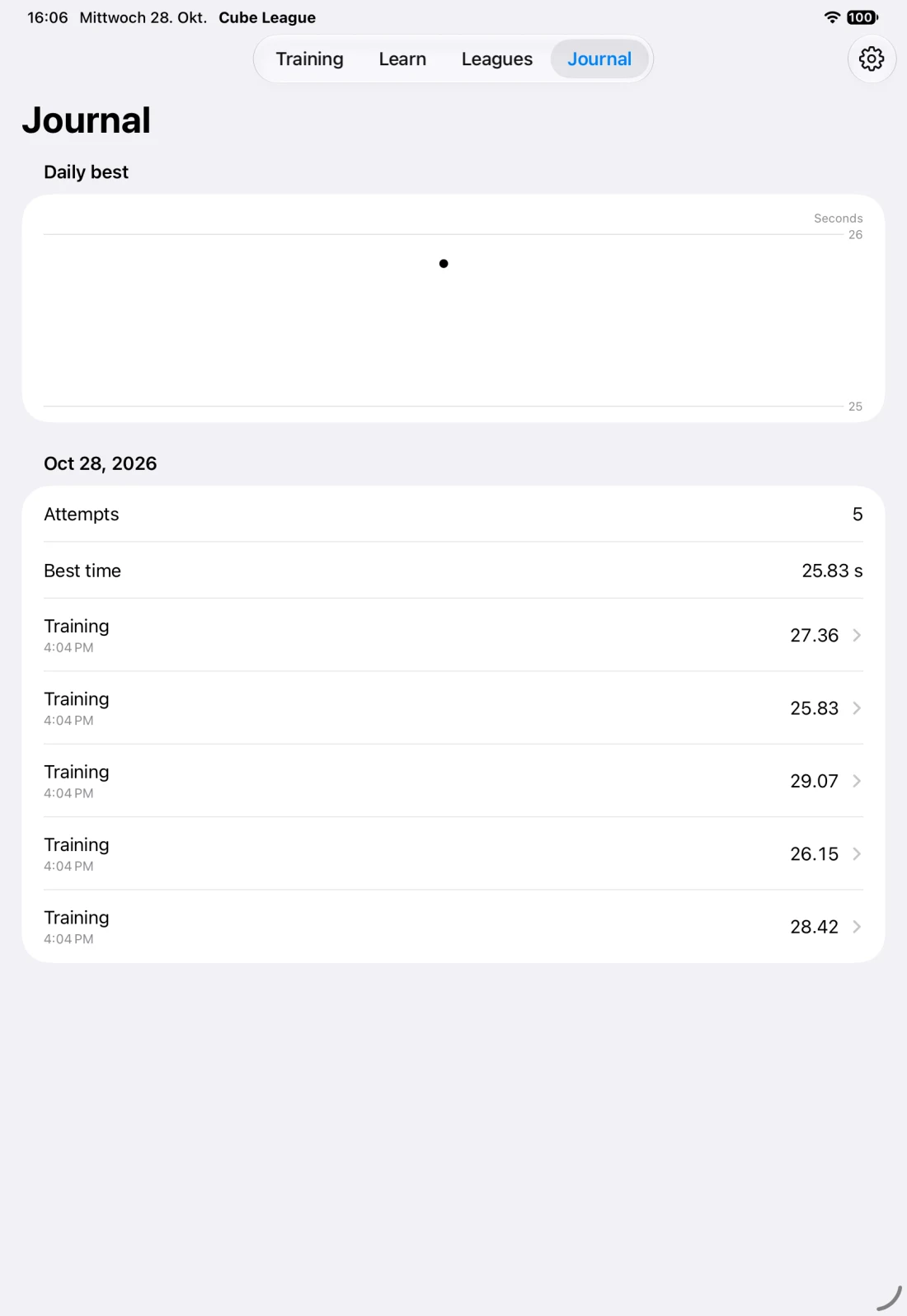 Journal showing saved practice attempts (iPad)