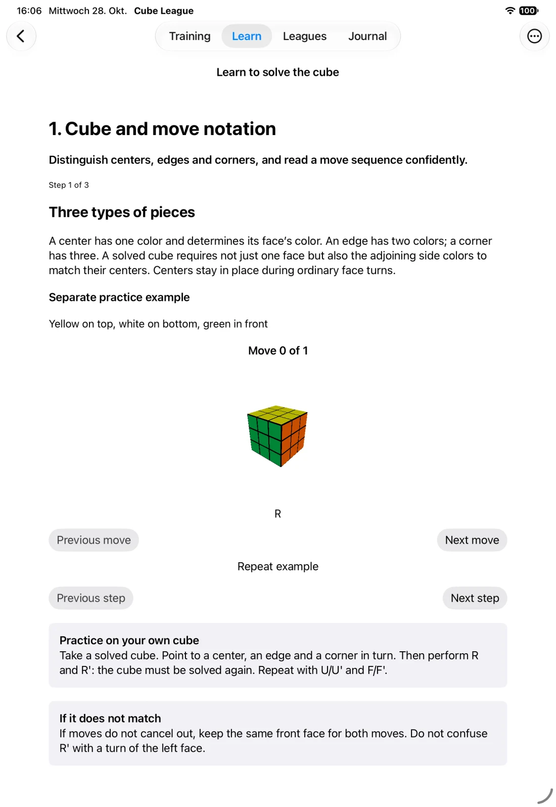 Beginner lesson with a visual cube explanation (iPad)