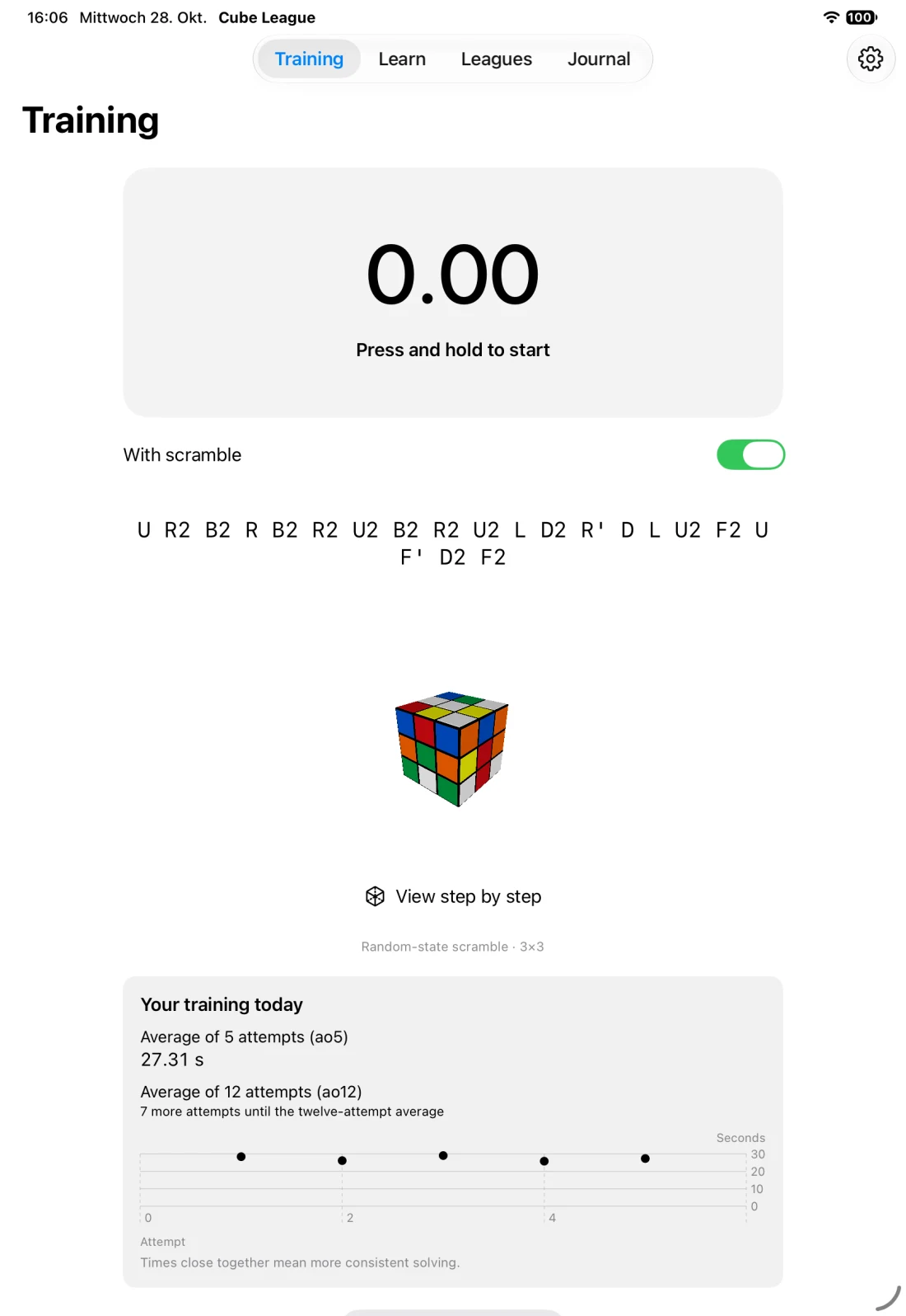 Practice screen with timer and scramble (iPad)