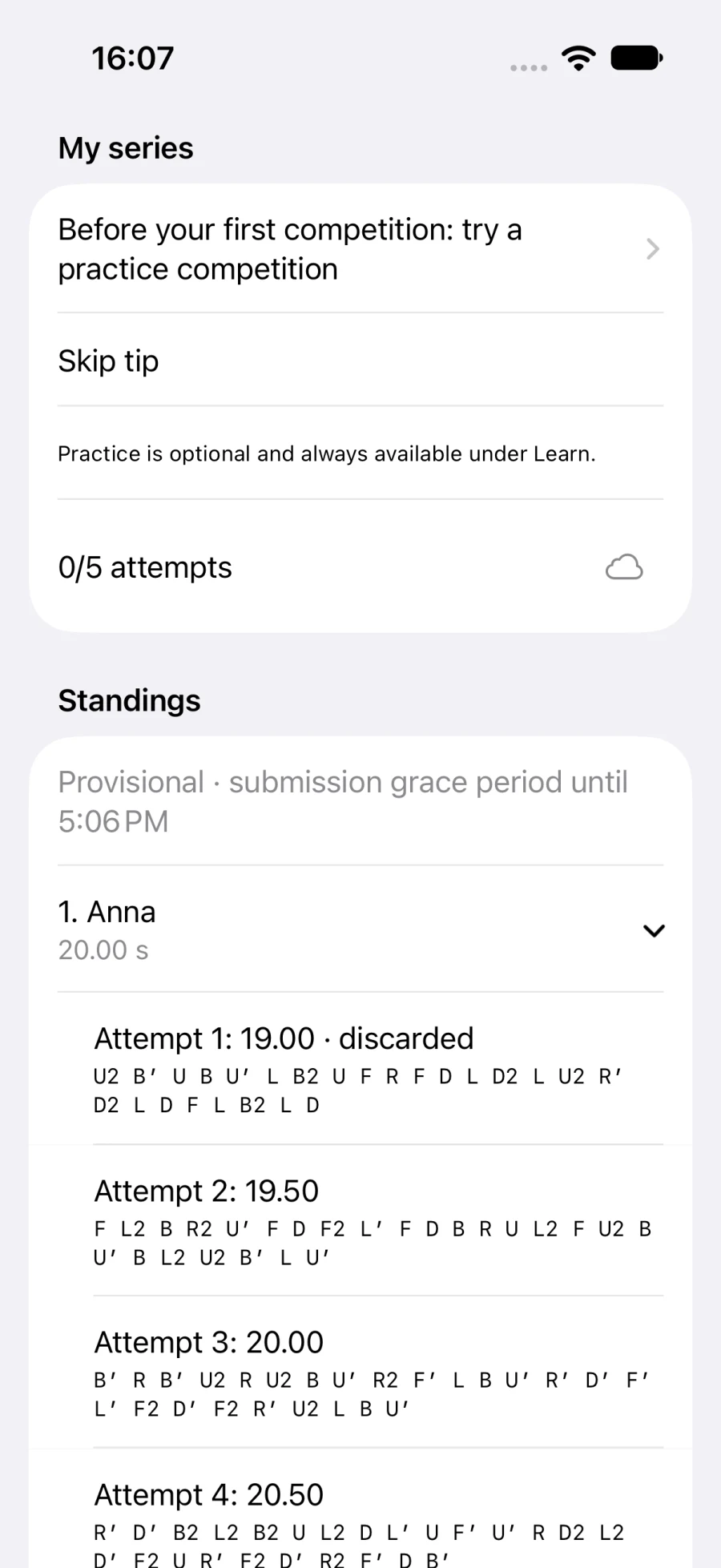 Private league standings with example results (iPhone)