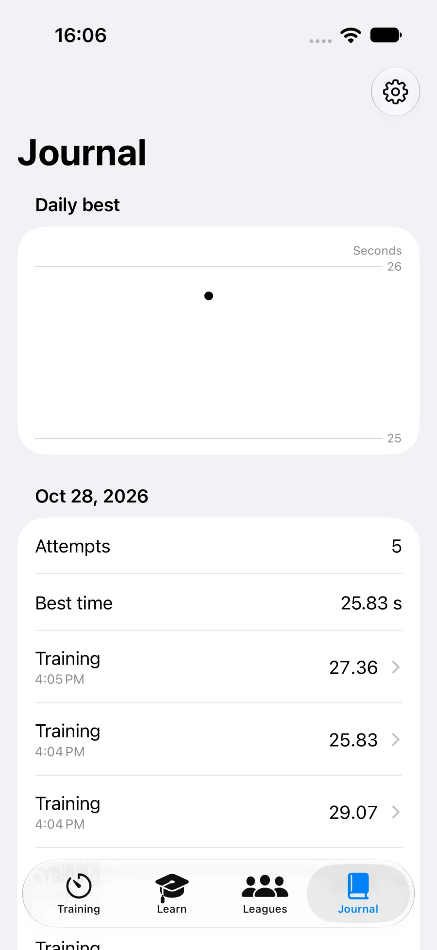 Journal showing saved practice attempts (iPhone)