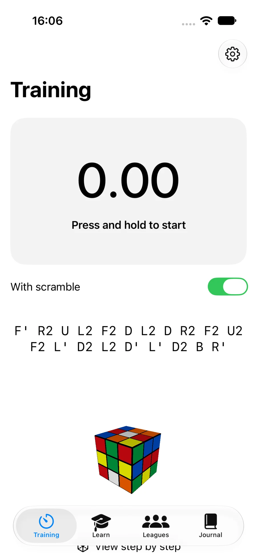 Practice screen with timer and scramble (iPhone)